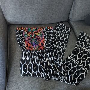 Black and White Patterned Jumpsuit with Colorful Embroidery